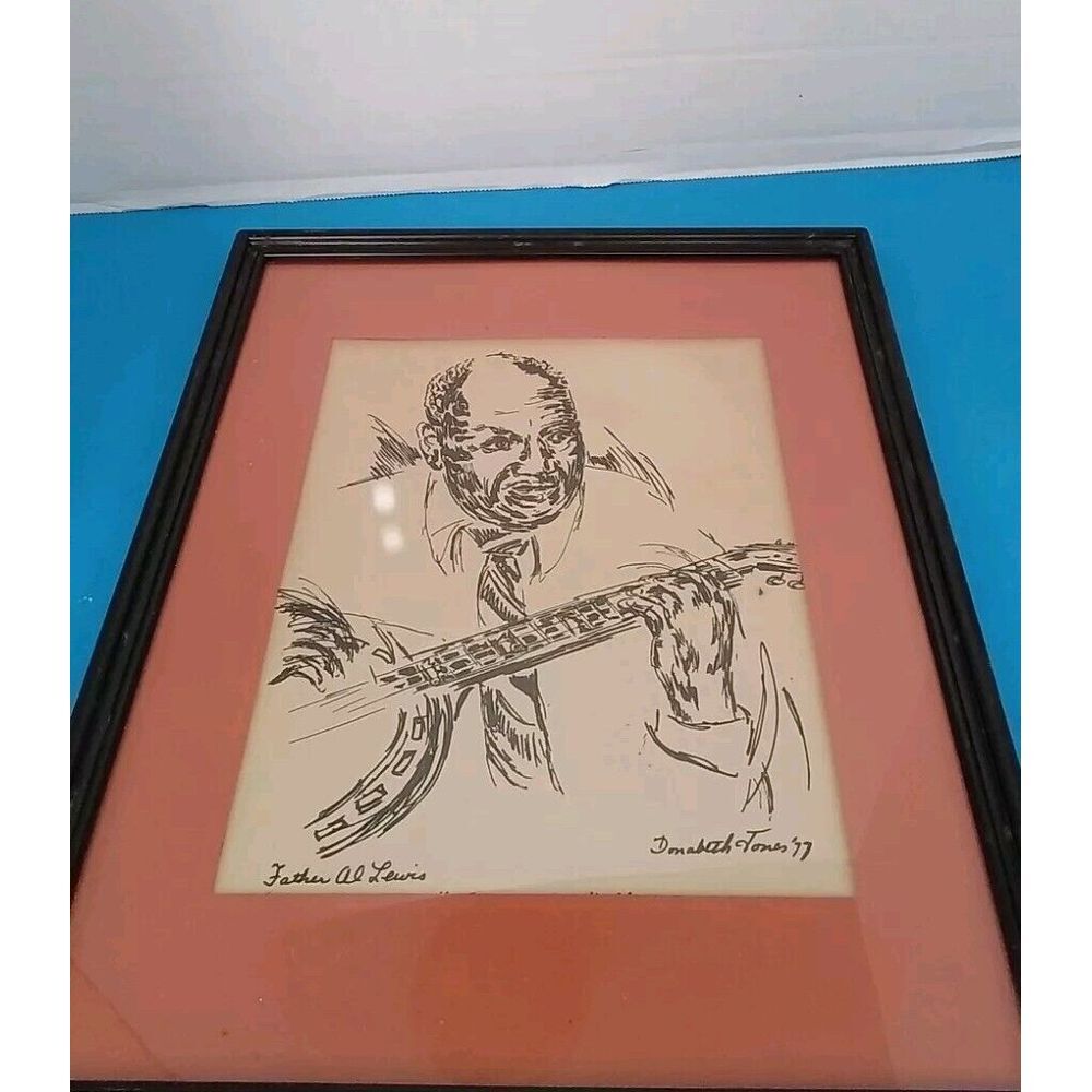 Vintage 1977 Jazz Musician Sketch Art Print - Framed Black & White Drawing